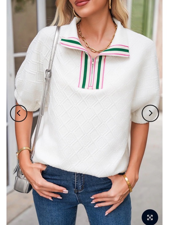Mod Boutique Tops - White Knit Half-Zip Pullover Top with Pink & Green Trim